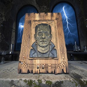 Frankenstein-inspired Cribbage Board, 3 Track Wooden Game,3D Carved Hand Painted monster, Unique Hallowen Gift