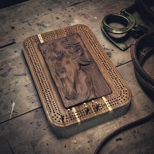 Custom 3 track Horse Cribbage Board, Wood Collector Gift Piece.
