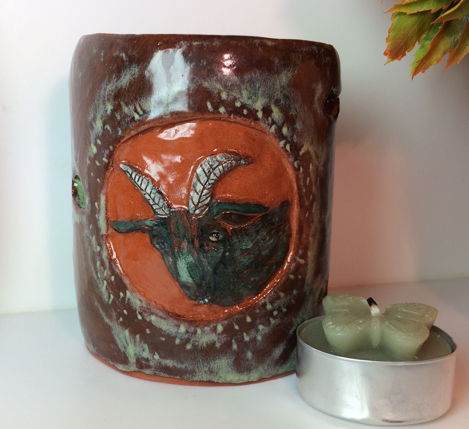 Pottery goat candle holder in opalescent brown and green hand Etsy