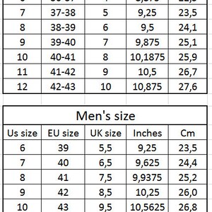 May include: A chart showing shoe size conversions for women and men. The chart includes US, EU, UK, inches, and centimeters.