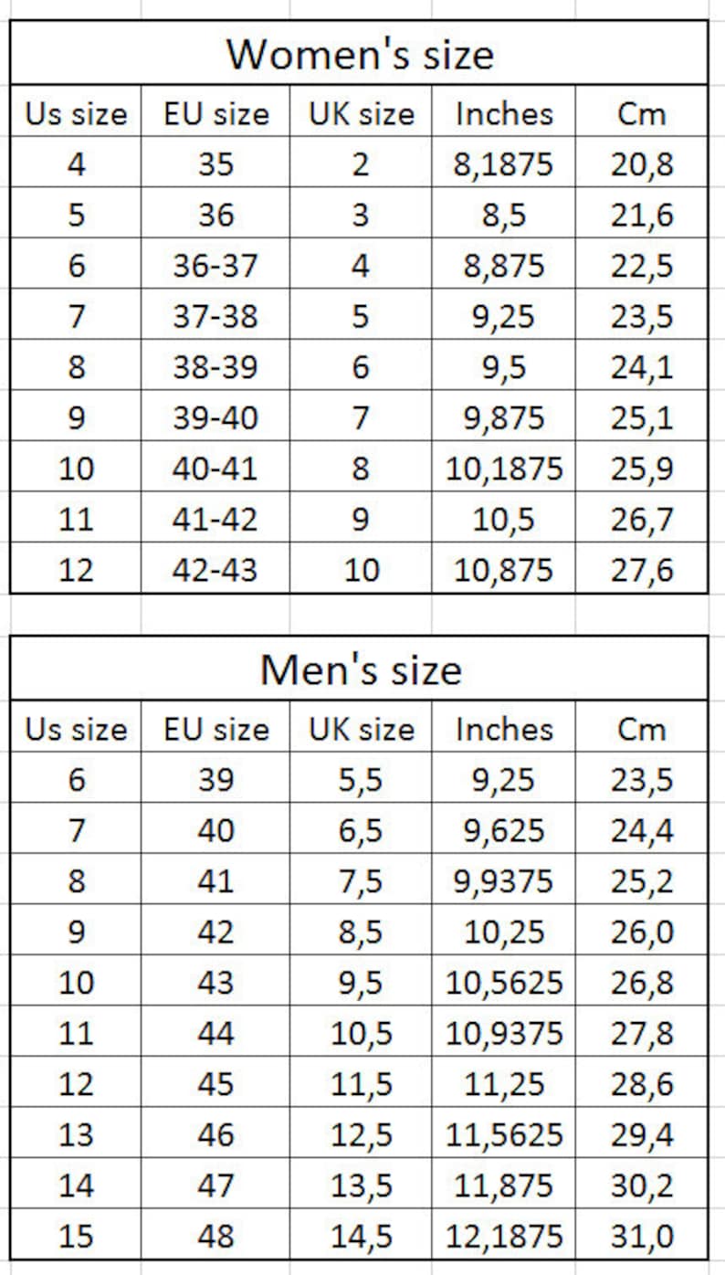May include: A chart showing shoe size conversions for women and men. The chart includes US, EU, UK, inches, and centimeters.