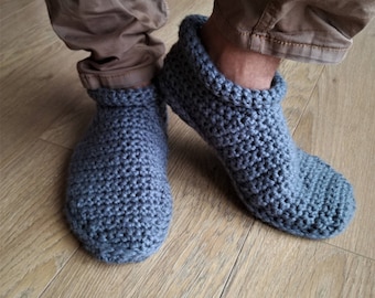 Crochet Men slippers with non slip  double sole , Leg Warming, Cozy Knit Natural Wool Yarn Slippers for Men with Non Slip Sole