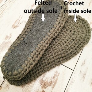 May include: Close-up of the bottom of a pair of crocheted slippers. The slippers have a double sole, with a felted outside sole and a crocheted inside sole. The text "Felted outside sole + Crochet inside sole" is visible on the image.