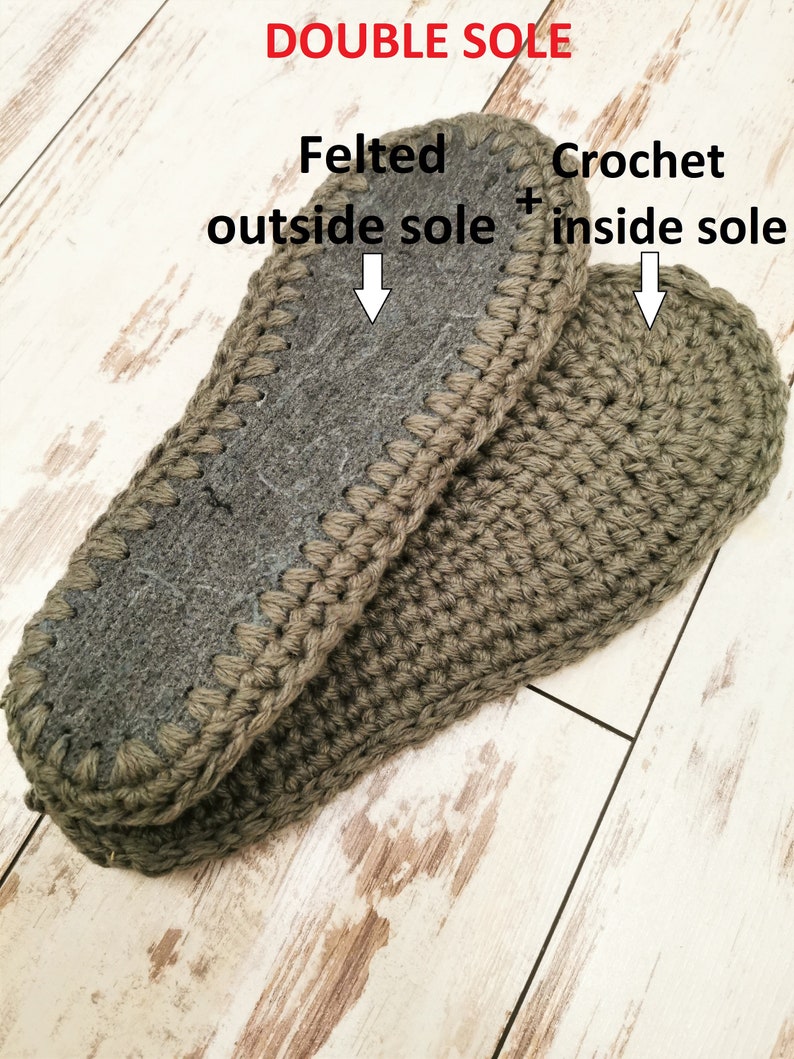 May include: Close-up of the bottom of a pair of crocheted slippers. The slippers have a double sole, with a felted outside sole and a crocheted inside sole. The text "Felted outside sole + Crochet inside sole" is visible on the image.