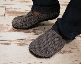Handmade Crochet Men Slippers With double Non Slip Soles, Gray Color Loafer, Moccasins,  Men House Shoes, Boots, Wool Slippers, Gift For Men