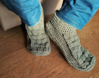 Knit slippers for men with double non slip sole, Crochet Men Slippers, Gray Color Loafer, Moccasins, Men House Shoes, Boots, Gift For Men