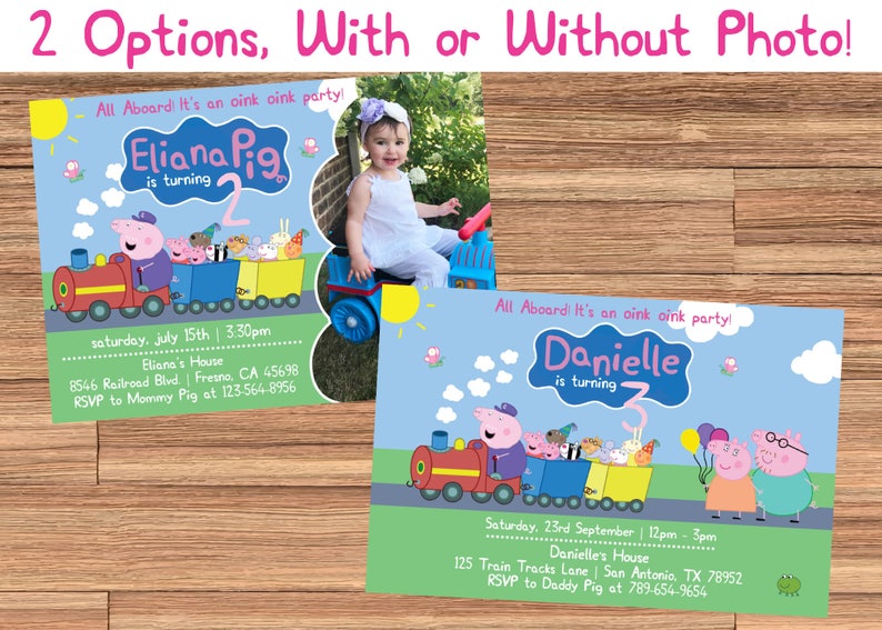 2 Options Peppa Pig Train Birthday Invitation with Photo or without Photo Print at Home. Digital File All Aboard Peppa /& Friends
