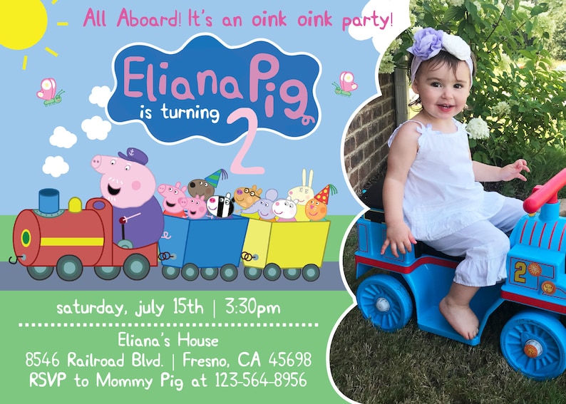 2 Options Peppa Pig Train Birthday Invitation with Photo or without Photo Print at Home. Digital File All Aboard Peppa /& Friends