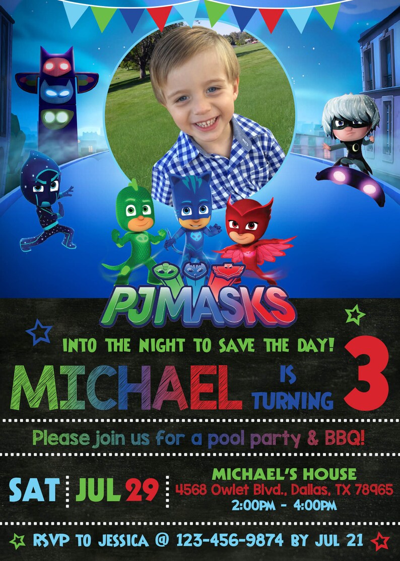 PJ Masks Birthday Party Invitation With Photo Catboy Owlet & Etsy