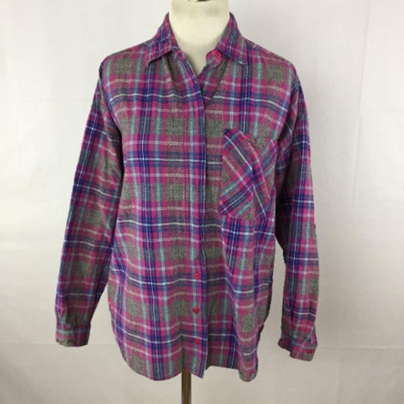 Vintage 80s 90s Grunge Fashion Pink Purple Plaid Button Down Etsy