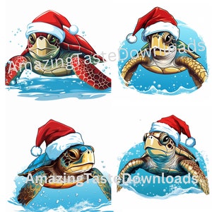 Christmas Sea Turtle PNG Commercial License Santa Hat Digital Download Holiday Craft Clip Art Image Lot of 4