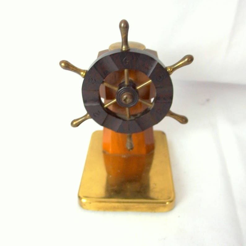 Vintage Brass Ship Wheel Desk Decor Nautical Wood Paperweight 6 5 Tall 4 Wide Weighted Felt Bottom