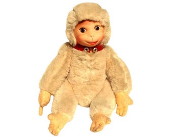 Ancien Petit Singe En Peluche Et Paille - Teddy Bear - Etat Correct