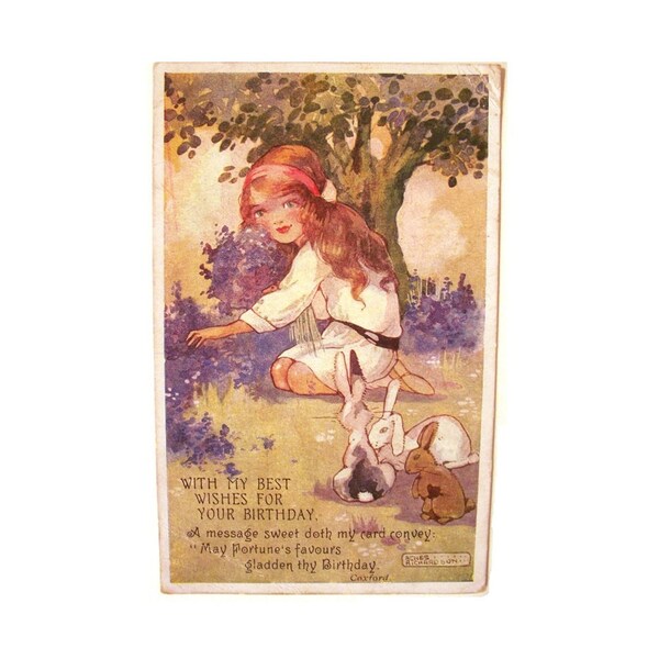 Postal Vintage Agnes Richardson de 1920 británico feliz cumpleaños tarjetas de felicitación poco chica Bunny conejos flores mejor desea lindo poema raro
