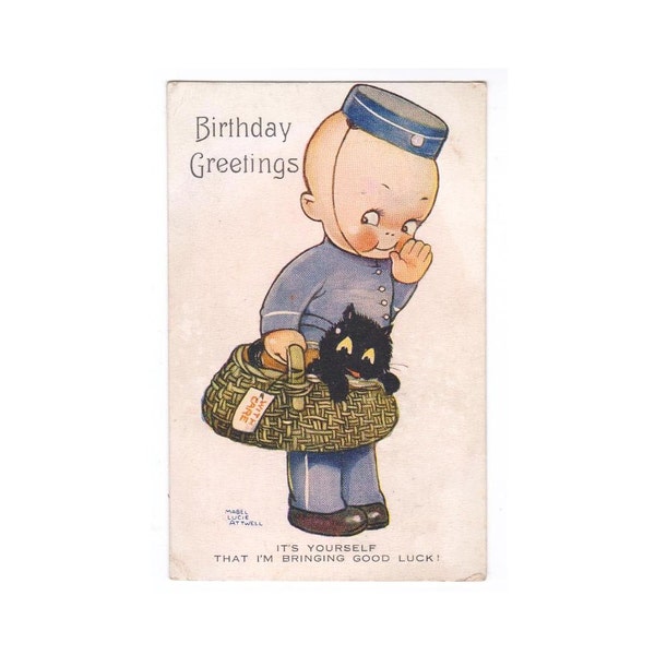 Saludos de cumpleaños de Mabel Lucie Attwell Vintage 1920s postal tarjeta niño entrega gatito negro gato cesta buena suerte deseo regalo inusual