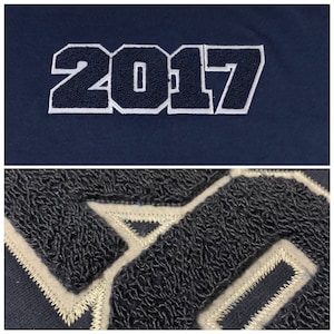 May include: Close-up of a navy blue sweatshirt with a white and navy blue embroidered patch that says "2017".