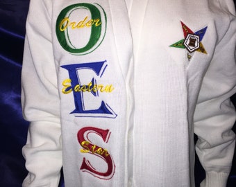 OES Eastern Star cardigan IMP----&gt; white cardigans are out of stock until May....