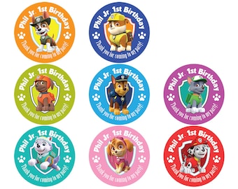 Set of Personalized Birthday Party Girl Boy Paw Patrol Stickers pups Skye Chase Everest Marshall Rubble Zuma Rocky Tracker