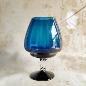 A Very Large Vintage Bohemia Blue Brandy Glass / Balloon Vase with Twisted Stem