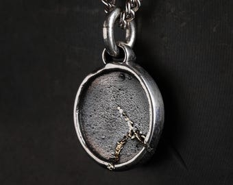 Men's Necklace Wabisabi Kintsugi Pendant handmade in Sterling Silver Repaired with 18K Gold