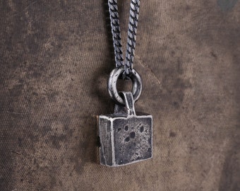 Man Necklace Cube Pendant Handmade in Sterling Silver