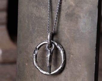 Mens Necklace Circle and Spear Pendant Handmade in Sterling Silver