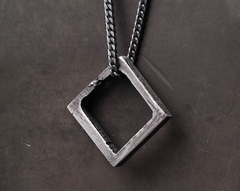 Mens Necklace Square Pendant in Sterling Silver 925