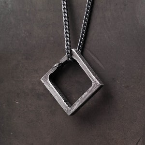 Mens Necklace Square Pendant in Sterling Silver 925
