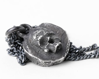 Man's Necklace Skull Memento Mori Stone Pendant in Oxidized Sterling Silver