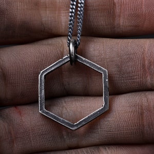 Man's Necklace Hexagon Pendant in Oxidized Sterling Silver