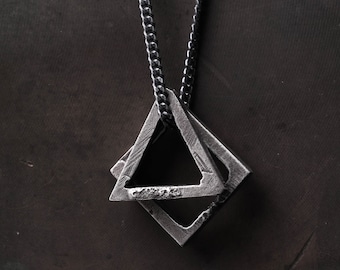 Mens Necklace Triangle Square Pendant in Sterling Silver 925