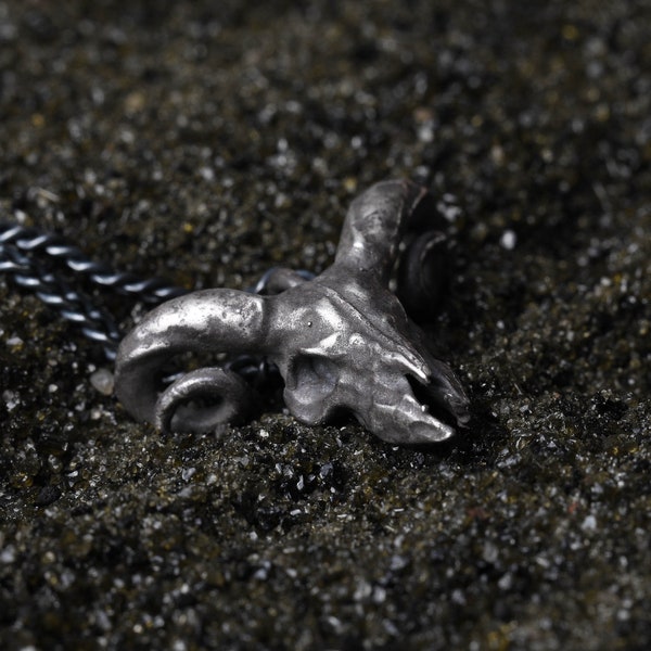 Men's Necklace Ram Skull Pendant in Oxidized Sterling Silver