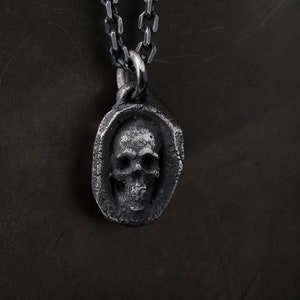 Man's Necklace Skull Tomb Stone Pendant in Oxidized Sterling Silver