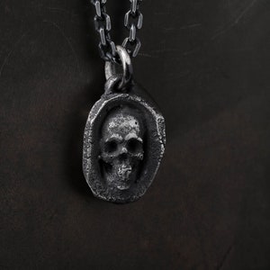 Man&#39;s Necklace Skull Tomb Stone Pendant in Oxidized Sterling Silver