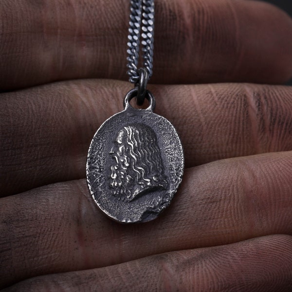 Man's Necklace Leonardo Da Vinci Pendant in Oxidized Sterling Silver