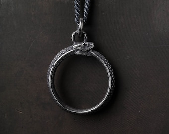 Man's Necklace Ouroboros Pendant in Oxidized Sterling Silver