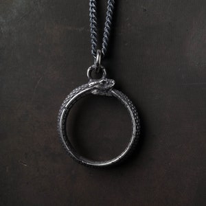 Man's Necklace Ouroboros Pendant in Oxidized Sterling Silver