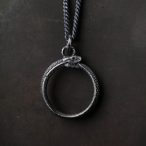 Man&#39;s Necklace Ouroboros Pendant in Oxidized Sterling Silver