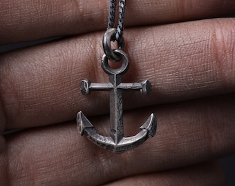 Mens Necklace Anchor Charm Pendant in Sterling Silver 925