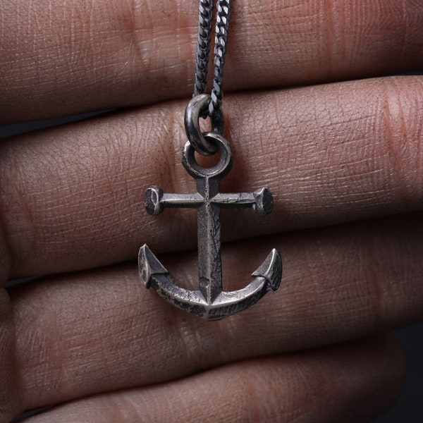 Mens Necklace Anchor Charm Pendant in Sterling Silver 925