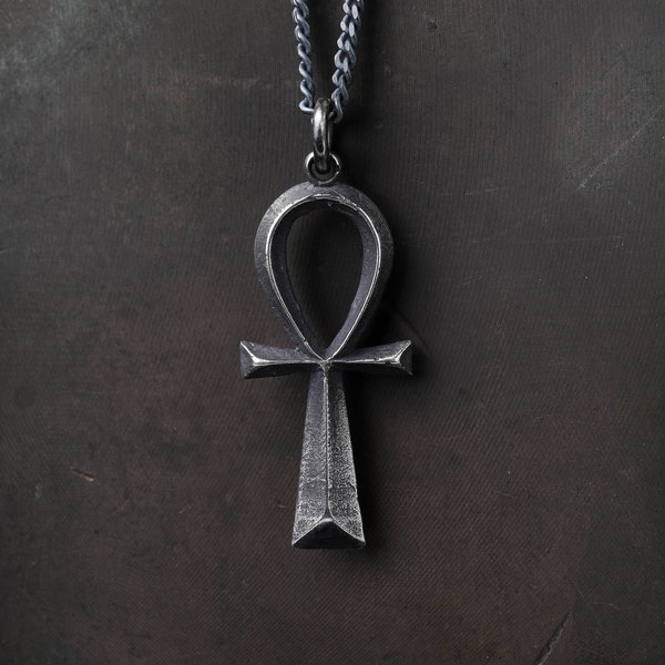 Man's Necklace Ahnk Symbol of Life Pendant in Oxidized Sterling Silver