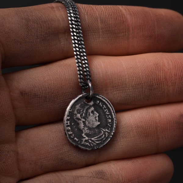 Mens Necklace Roman Coin Replica Hadrian Antique Pendant for Men in Sterling Silver