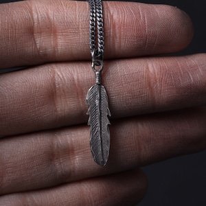 Mens Necklace Feather Charm Pendant in Sterling Silver 925