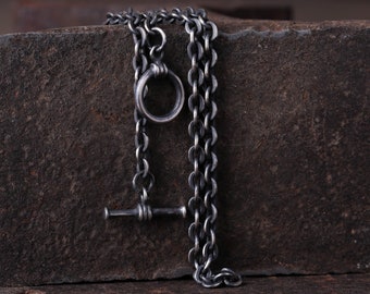 Mens Necklace Cable Chain with Toggle Clasp in Oxidized Sterling Silver