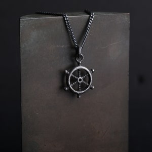 Men&#39;s Necklace Small Boat Helm Pendant in Solid Sterling Silver