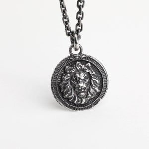 Man's Necklace Lion Head Coin Pendant in Oxidized Sterling Silver