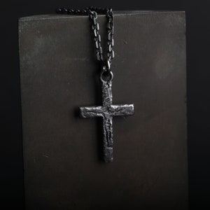 Man's Necklace Carved Jesus Cross Pendant in Oxidized Sterling Silver image 1