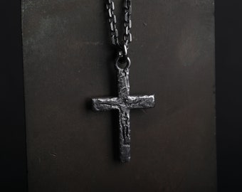 Man's Necklace Carved Jesus Cross Pendant in Oxidized Sterling Silver