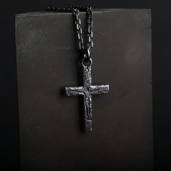 Man's Necklace Carved Jesus Cross Pendant in Oxidized Sterling Silver