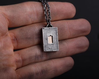 Man's Necklace Golden Frame Pendant in Oxidized Sterling Silver